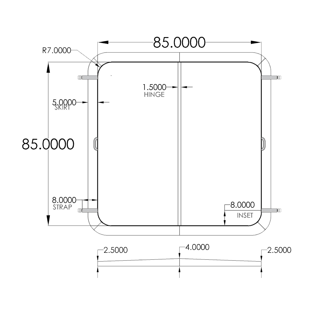 Abdeckung 85" x 85" (216 x 216 cm) – Eckenradius 7" (18 cm) – Bild 2